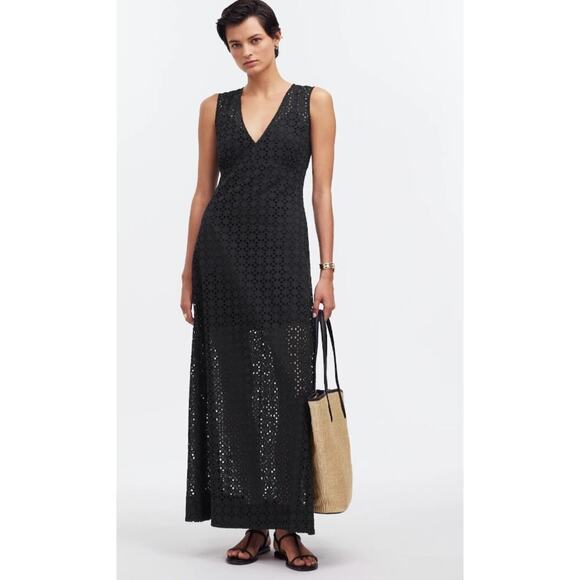 NWT Madewell Eyelet V Neck Maxi Dress in Black Style NS772 Boho Dress Size 4 - Picture 1 of 10